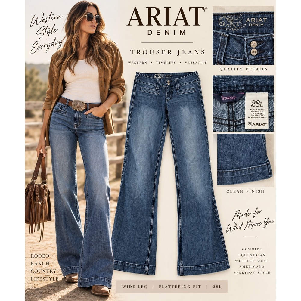 Ariat Trouser Jeans 28L Wide Leg Flare Western Cowgirl Rodeo Denim